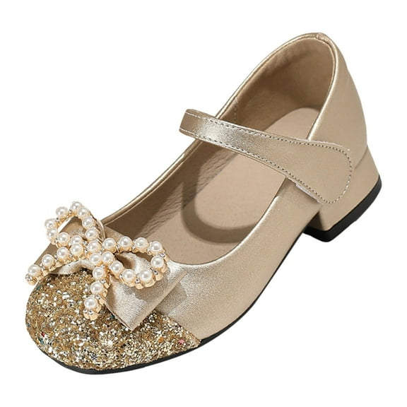 Gubotare Girls Evening Dress Shoes Girls Youth Pageant Rhine Stone Mary Jane High Heel Dress Shoes (Gold,Big Kids 1.5)