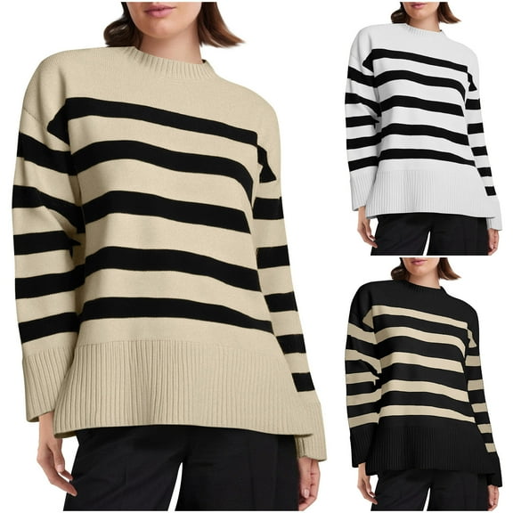 Fengqque Sweaters for Women Crewneck Long Sleeve Striped Color Block Loose Knit Pullover Sweater Tops White S(S)