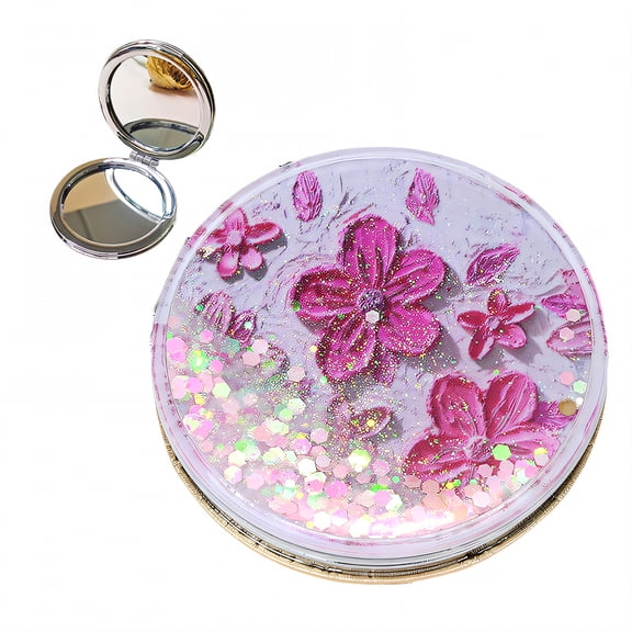 DESIGNICE Compact Mirror,Artistic Bloom Round Pattern Mini Mirror,Ergonomic Hand Fit Handheld Mirror,Pink