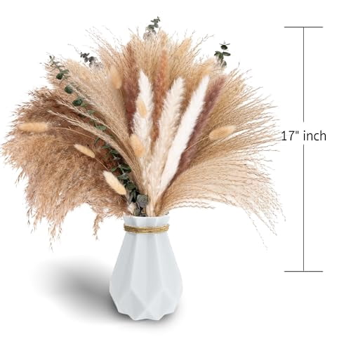 Dried Flower Bouquet with Bunny Tail Grass, Pampas Grass, and Eucalyptus - Boho Centerpiece for Tables and Floors, Fall Grass Arrangement and Stylish Olive Green Wall Decor