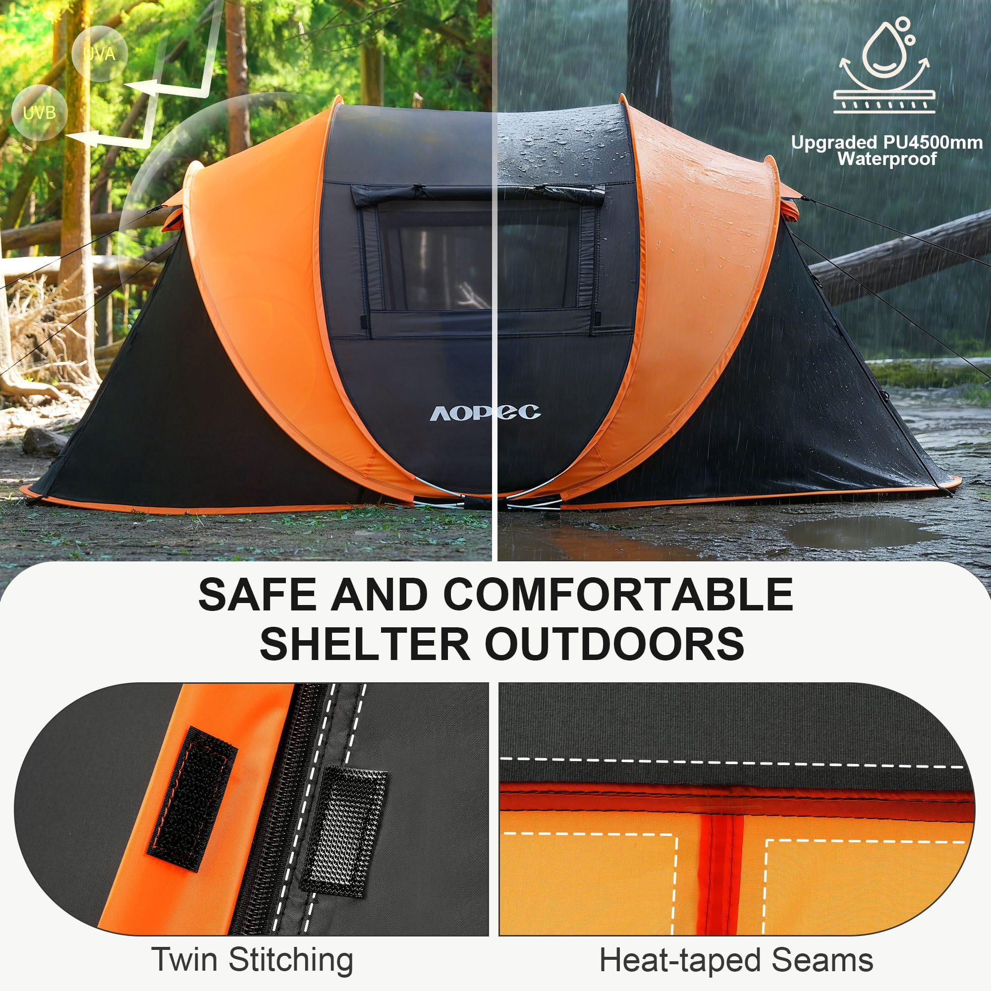 AOPEC Pop Up Camping Tent, 2/4/6 Person Instant Tent Waterproof PU4500mm, Spacious Ventilated Camping Tent with Front Porch, Quick Setup Lightweight Portable for Outdoor Camping Hiking Beach