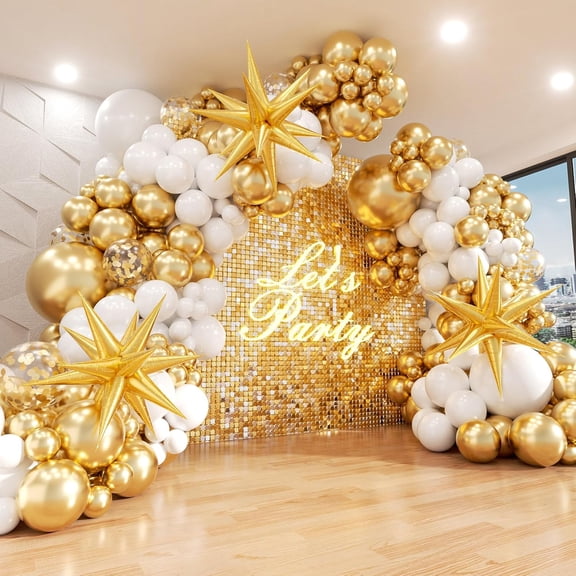 Balloon Garland Arch Kit with 3 Foil Balloons, White and Metallic Gold for Wedding Engagement Bridal Shower Birthday Party Decorations