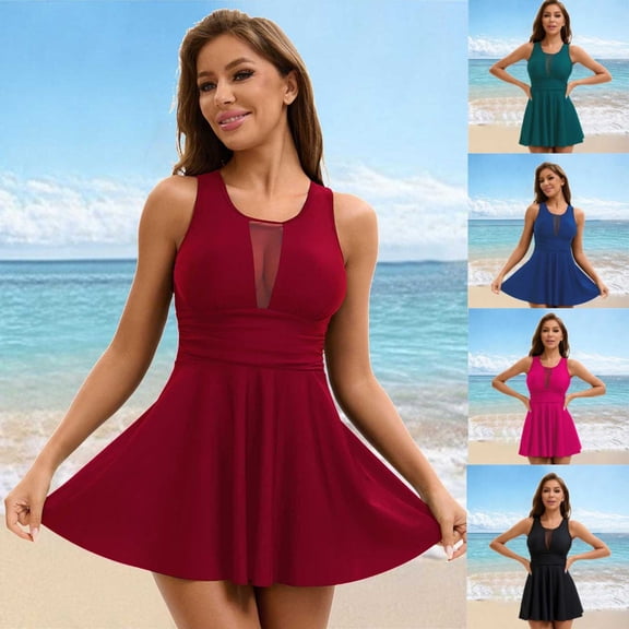 TTUHYWXI One Piece Swim Dress for Womens Swimsuits Tummy Control Modest Bathing Suits with Skirt High Neck Swimdress (Green, L)