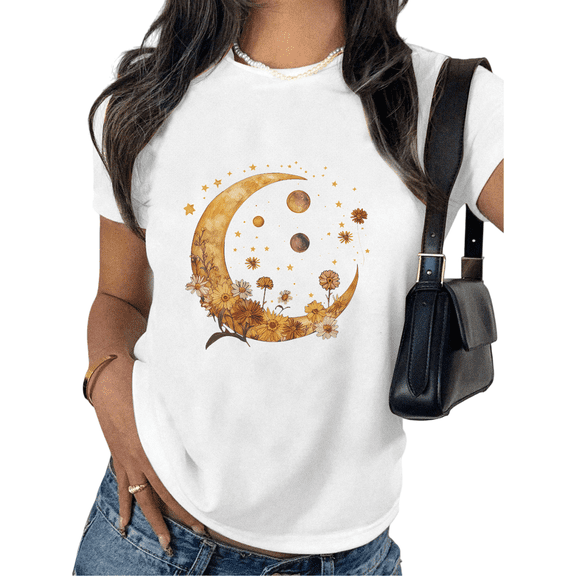 White Womans Moon Floral Planet Graphic Tees Print Tshirt Shirts Short Sleeve S-5XL Tops