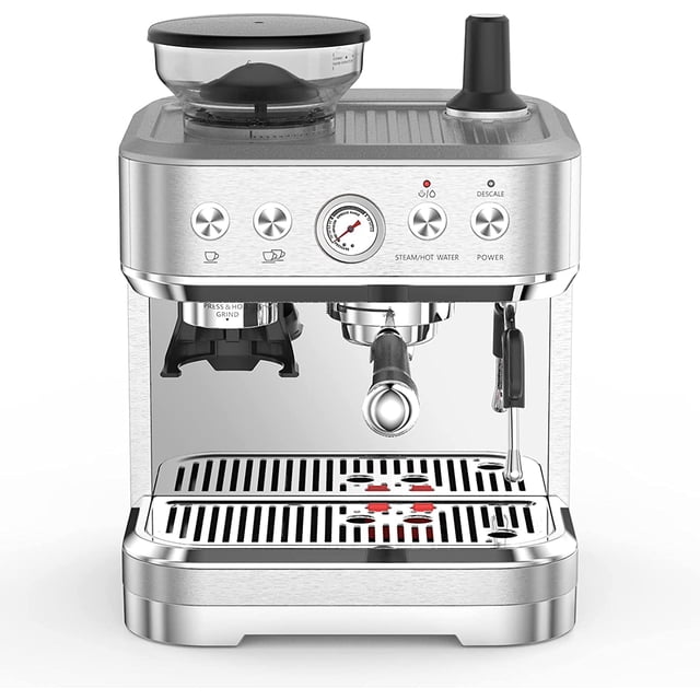Stainless Steel Espresso Machine, 15 Adjustable Grind Settings, 15 Bar Pump, PID Temperature Control, 2.3L Removable Water Tank, Heating, Includes 58mm Sieve Handle,Tamper & 350ml Milk Jug