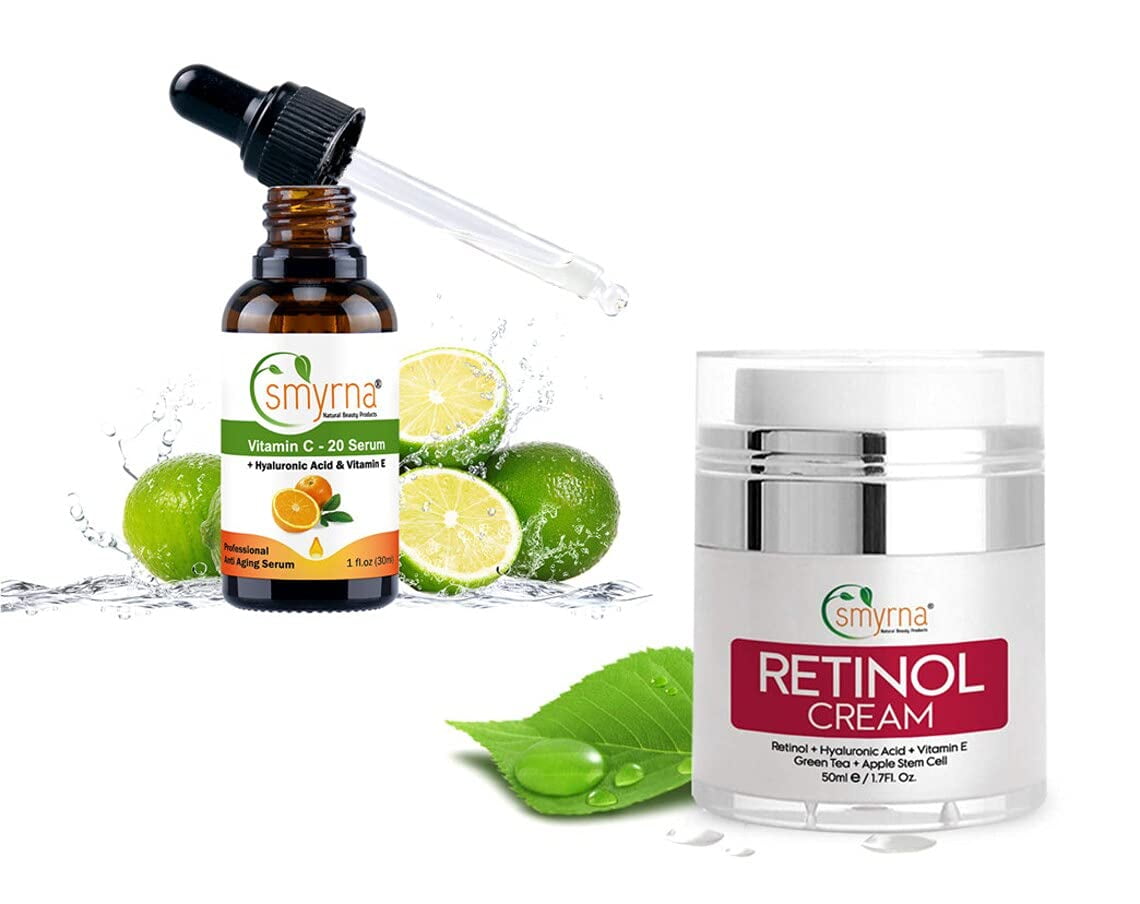 Smyrna Anti Aging Skin Care Set Retinol Day and Night Facial Cream and Vitamin C Serum, Vitamin E, Hyaluronic Acid, Green Tea For Wrinkles
