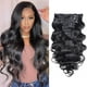 thumbnail image 1 of Extensiones de cabello con clip brasileño #1B natural 10A onda del cuerpo 100% cabello humano virgen sin procesar barato 8 piezas/lote 4.53 oz con 16 clips (22 pulgadas), 1 of 1