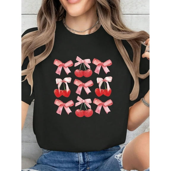 Bow Cherry Print T-Shirt, Casual Crew Neck Short Sleeve Comfort Tee Top For Spring & Summer, Women's Clothing