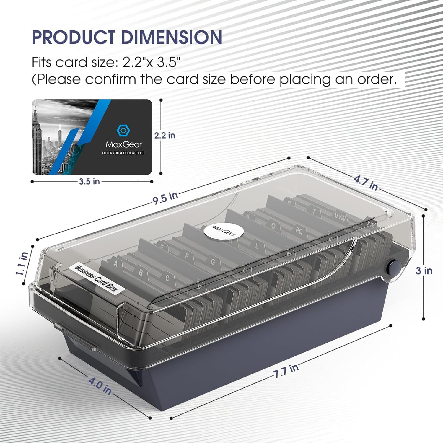 Business Card Holder Desk, Large Plastic Business Card Organizer Box with Lid, Credit Cards Holder File Storage Case for Office & Home, Holds 500 3.5” x 2.2” Cards with A-Z Index Tabs, Gray