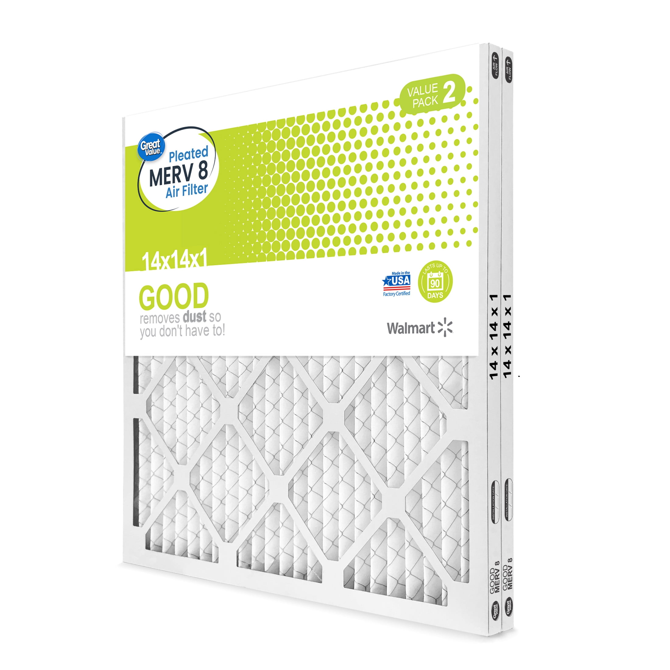 Great Value, 14x14x1, MERV 8 GOOD HVAC Air and Furnace Filter, Captures Dust, 2 Filters