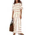 thumbnail image 3 of Women's Striped Two Piece Set, Crew Neck Top with Pocket and Drawstring Waist Wide Leg Pants, Cotton Linen Loungewear Set, Summer Casual Outfits for Women-Beige, 3 of 8