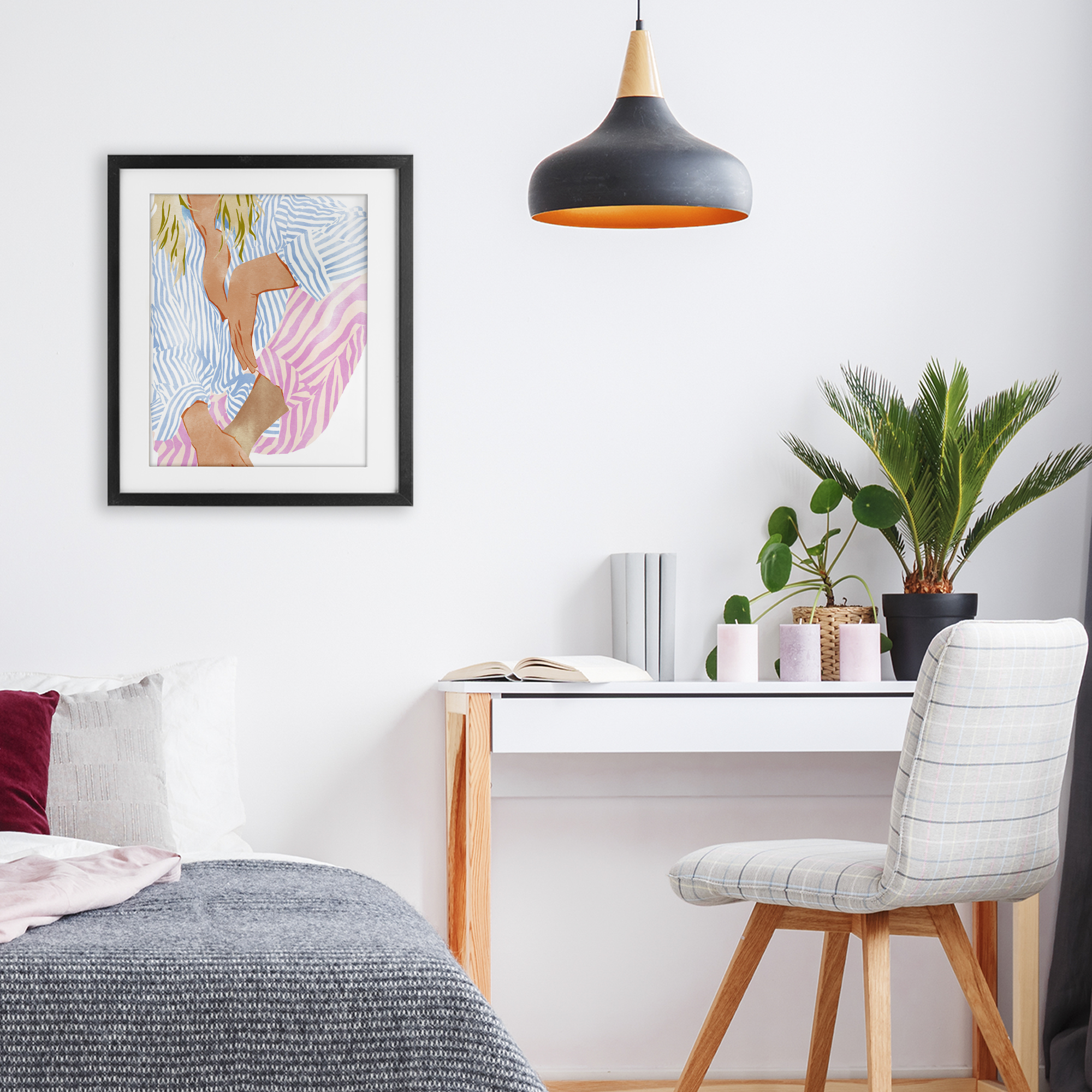 Woman in Pastel Stripes Black Framed Print Under Glass, design by Ziwei Li