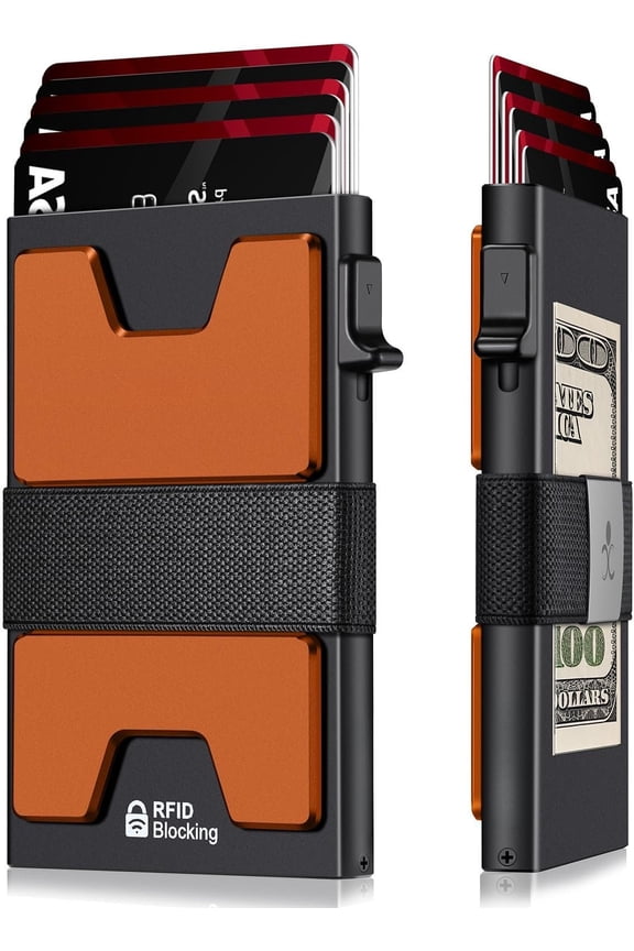 Slim Card Holder Wallet for Men, Durable Expandable Backplate, RFID Blocking Minimalist Metal Pop Up Wallet, Holds 12+ Cards Plus