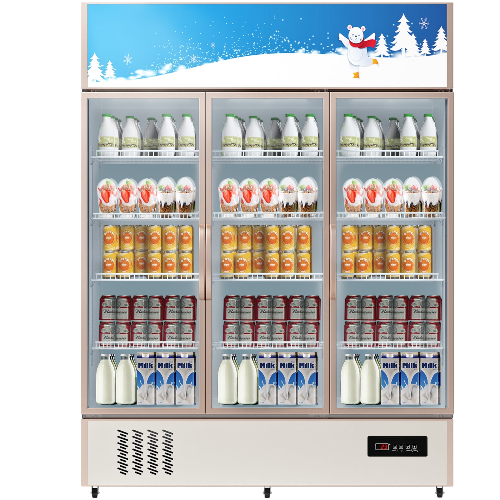 KFFKFF Commercial Merchandiser Refrigerator, Triple Glass Doors, 31.6 Cubic Ft, Upright Display Beverage Cooler, 79" Tall x 60" Width, Fridge with LED Lighting for Drink Wine Soda, Gold