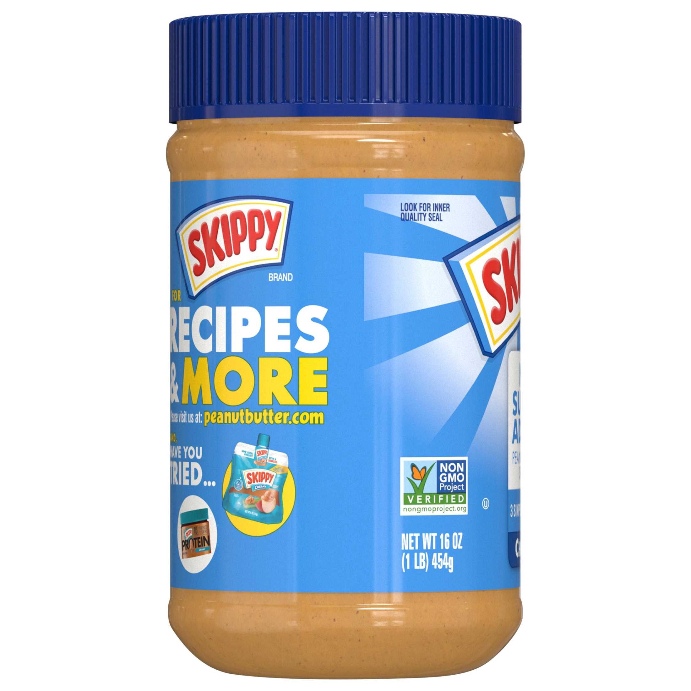 (4 pack) SKIPPY Chunky Peanut Butter Spread No Sugar Added, 7 g Protein Per Serving, Shelf-Stable, 16 oz Plastic Jar