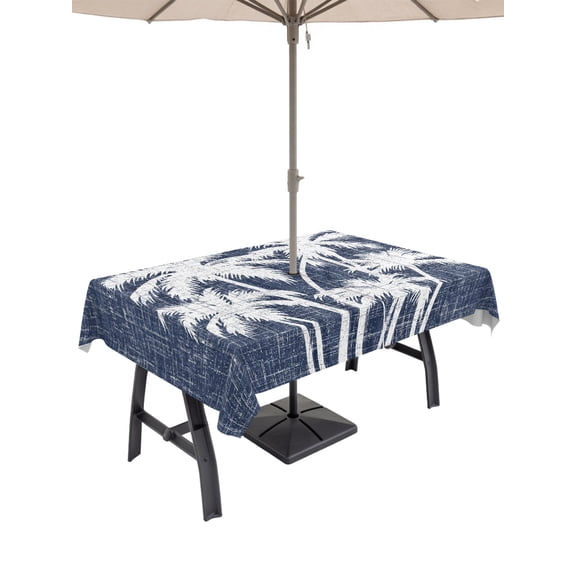 Outdoor Tablecloths with Umbrella Hole & Zipper, Tropical Palm Tree Tablecloth Rectangle 60x84 Inch, Vintage Dark Blue Exotic Botanical Plants Waterproof Table Cloth, Patio/Pool/Picnic Table Covers