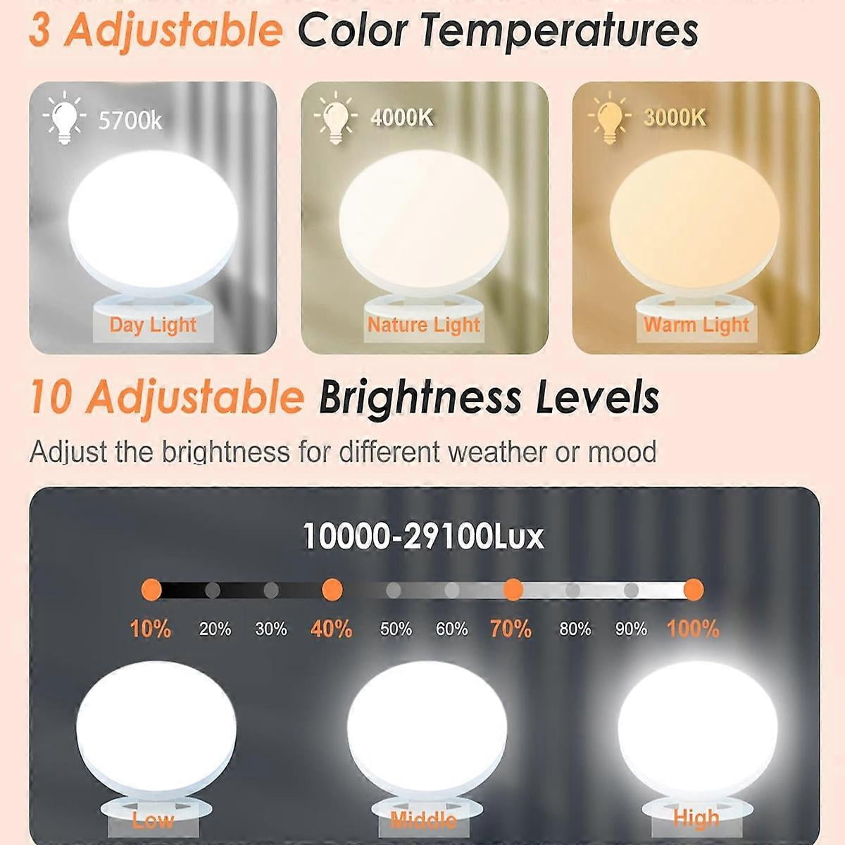 Sunlight Simulation Lamp, Full Spectrum UV-Free LED Light, Portable Design & Sunrise Alarm Clock, Adjustable Brightness & Color, for Mood Boost &