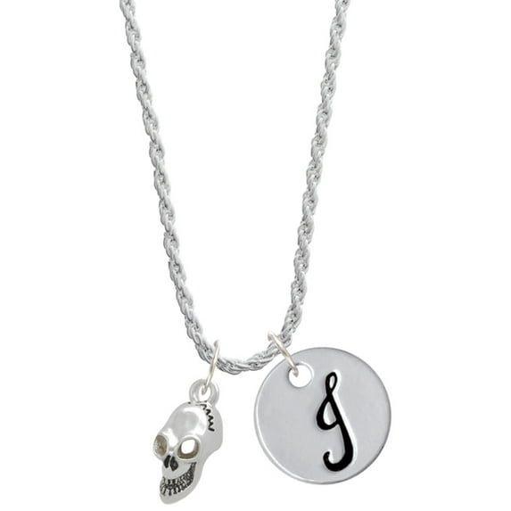 Delight Jewelry Silvertone Medium Skull Silvertone Script Initial Disc - J - Charm Necklace, 20"+3"