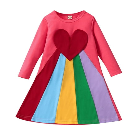 

YDOJG Dresses for Girls Baby Kids Suit Beautiful Rainbow Long Sleeves Dress Pink 4-5 Years