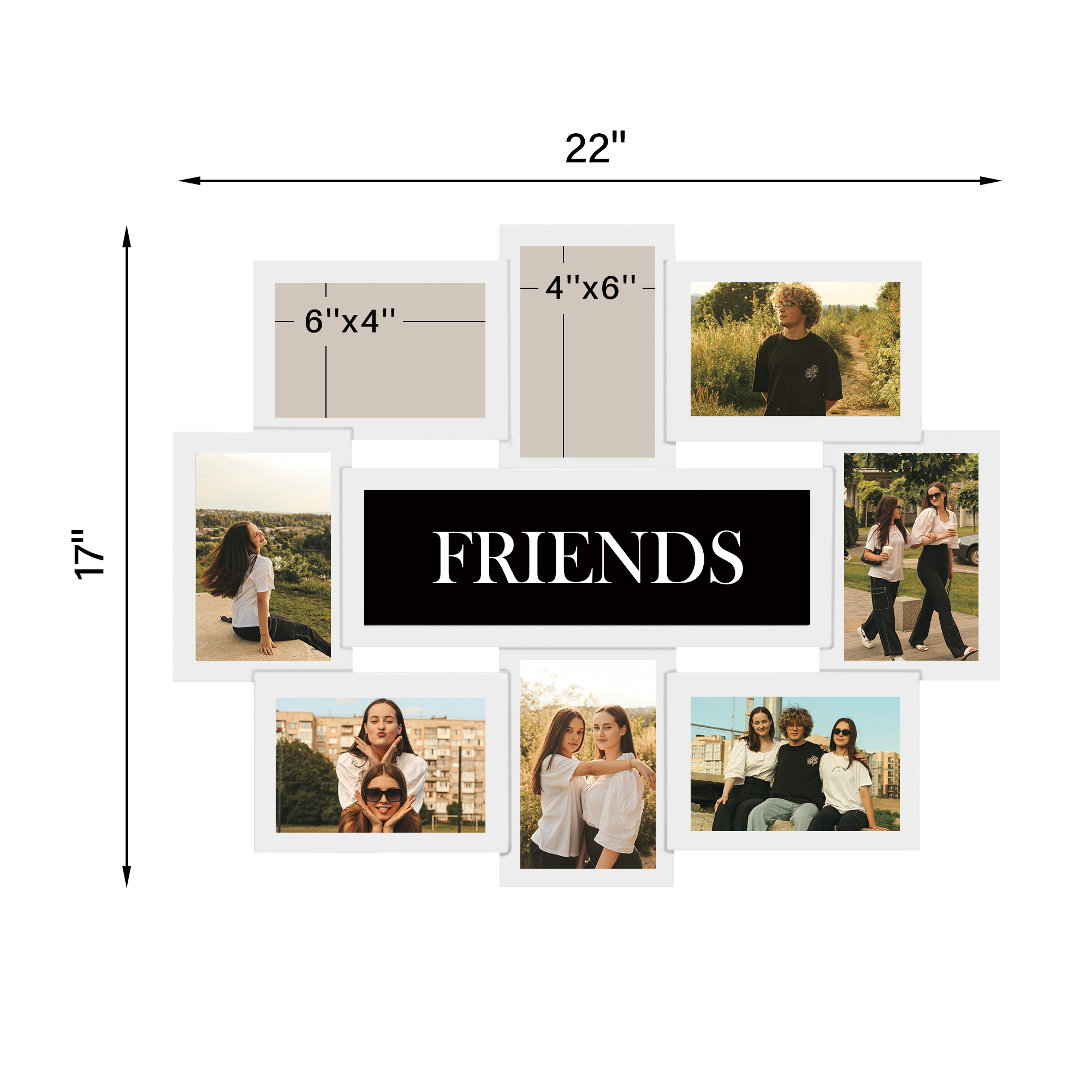 Gallery-Style Family Reunion Photo Frame Wall Hanging- 8 Openings for 6x4 Photos 17" x 22" White