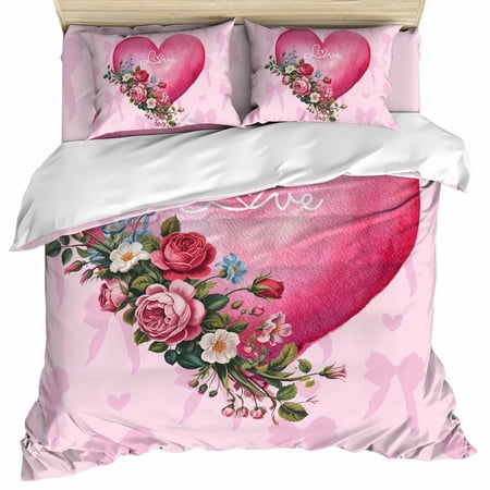 Valentines Day Set of 4 Bedding Quilt Covers Pink Love Hearts Roses Floral Romantic 4-Piece Bed Sheet Set with Extra Soft Bed Sheets Quilt Cover Pillowcase Twin