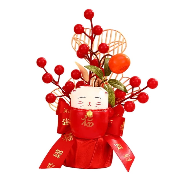 Decoración de año Nuevo Lunar chino, cubo de flores falsas, bonsái de bayas rojas, adorno de dragón para Festival de Primavera, porche, boda, 2024 , gato