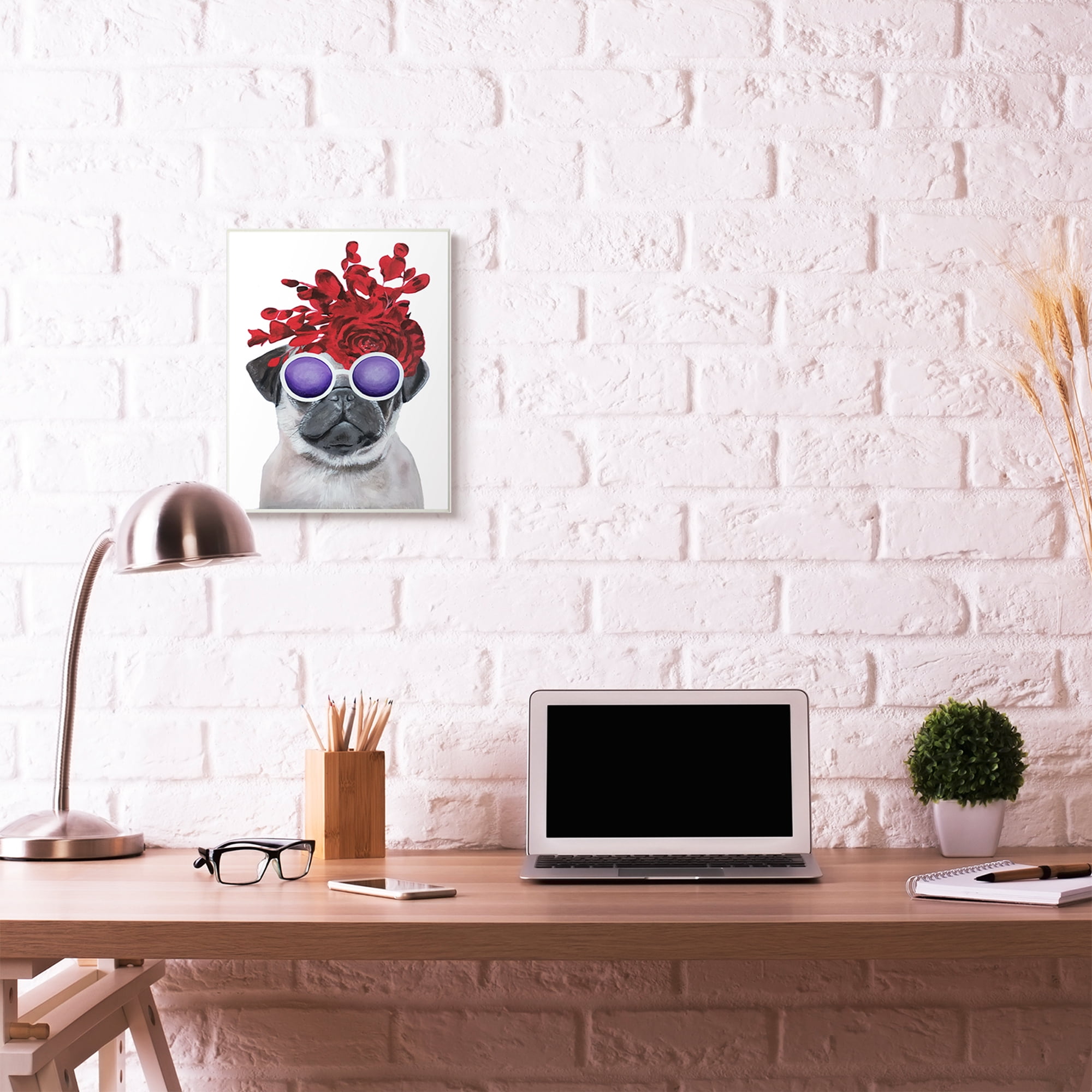 The Stupell Home Decor Collection Pug Dog With Flower Hat and Purple Glasses Wall Plaque Art