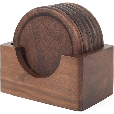 

100% Natural Wood Coaster Coffee Coaster Beer Coaster.Walnut Dark Wood Coaster 7-Piece Coaster Set Holder Included (Black Walnut)