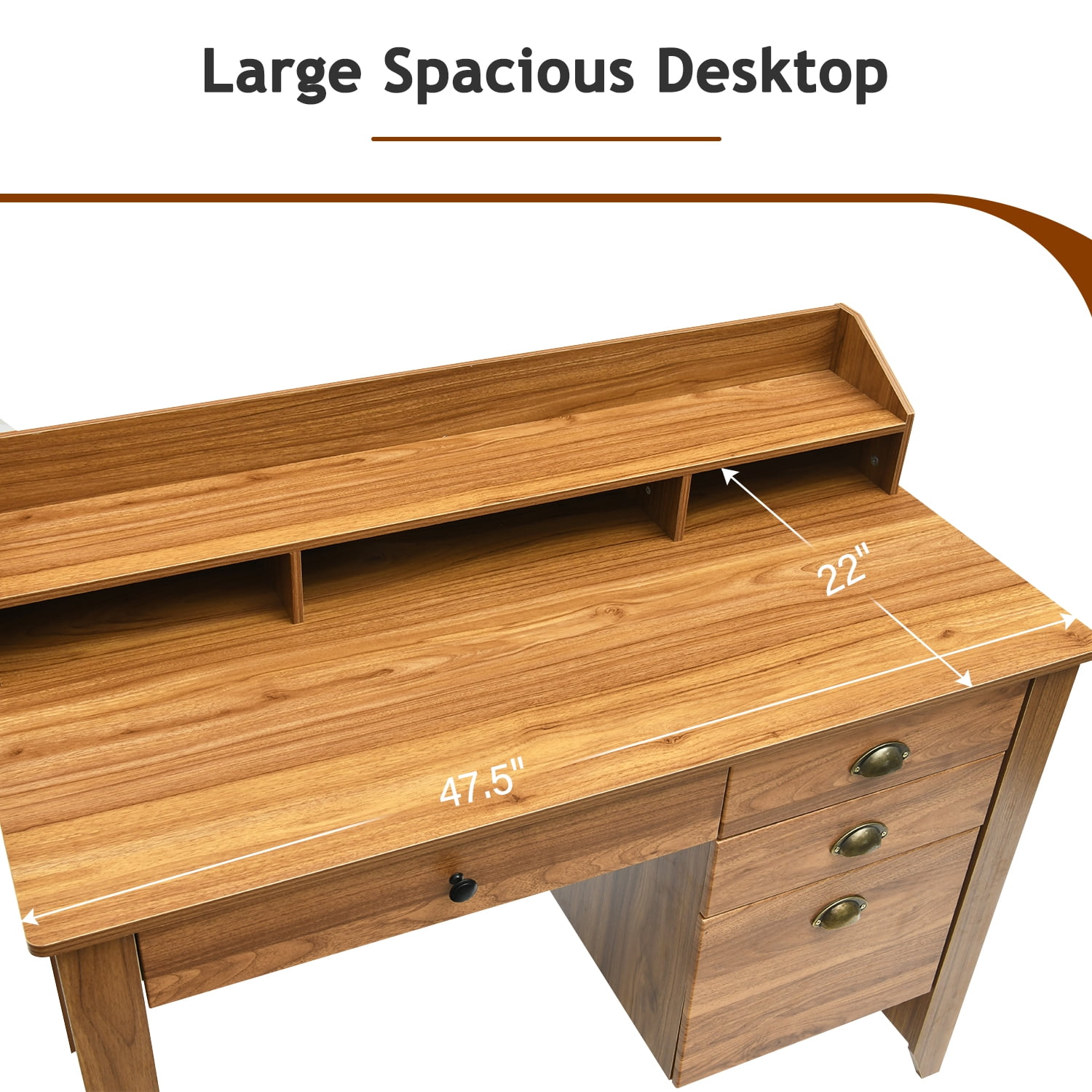 Catrimown Computer Desk, 47.5 in Wood Home Office Desk with Hutch and 4 Drawers, Monitor Stand, Rustic Brown