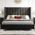 thumbnail image 3 of VanAcc Upholstered Wingback Platform King Bed Frame with Vertical Channel Tufted Headboard, Black, 3 of 8