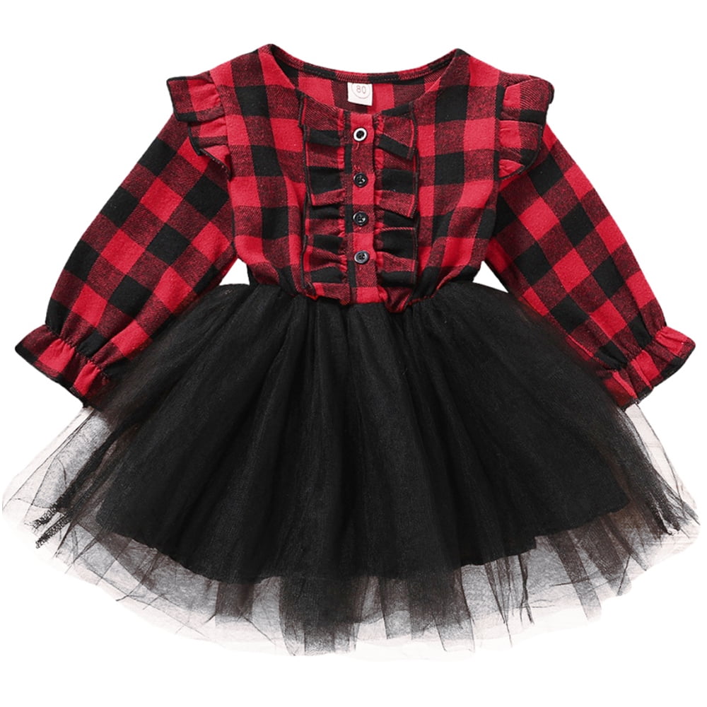 Infant Toddler Baby Girl Christmas Red Plaid Dress Long Sleeve Tulle Lace Tutu Princess Party Dress Winter Clothes 