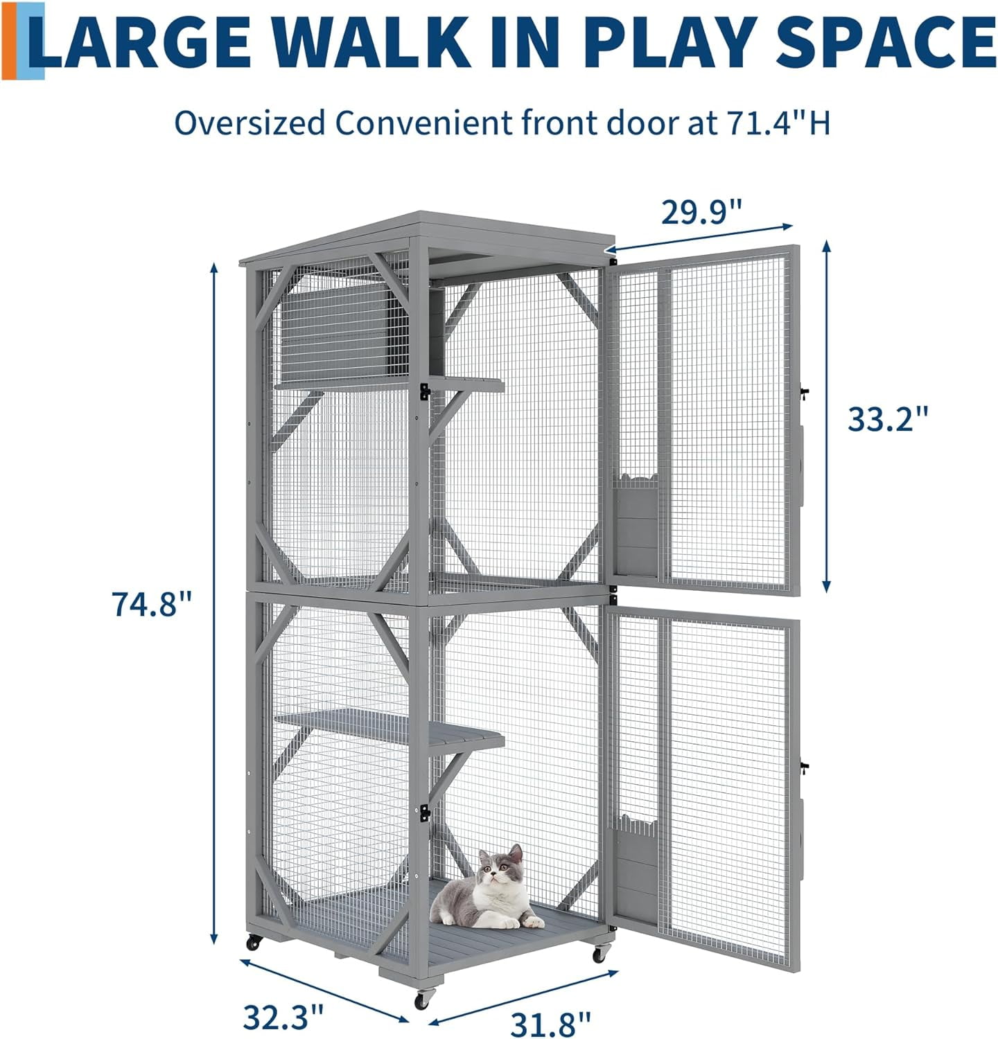 Garvee 4 Tiers Catio 32.3 x 31.8 x 74.8", Outdoor Cat Enclosure, with 4 Wheels, Gray