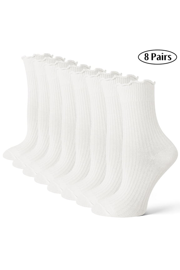 8 Pairs Womens Ruffle Socks, Cute Turn-Cuff Casual Ankle Dress Socks, White Crew Frilly Sock Size 5.5-8