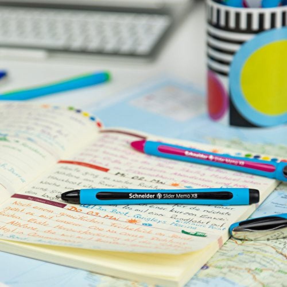 Schneider Slider Memo XB (Extra Broad) Ballpoint Pen, 1.4 mm, Light Blue Barrel, Black Ink, Box of 10 Pens (150201)