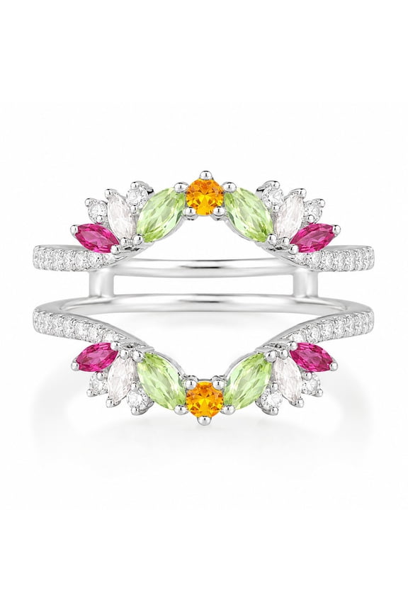 Marquise Peridot Ruby Citrine Ring Enhancer Double Curved Wedding Band Cage Ring for Women White Gold Silver