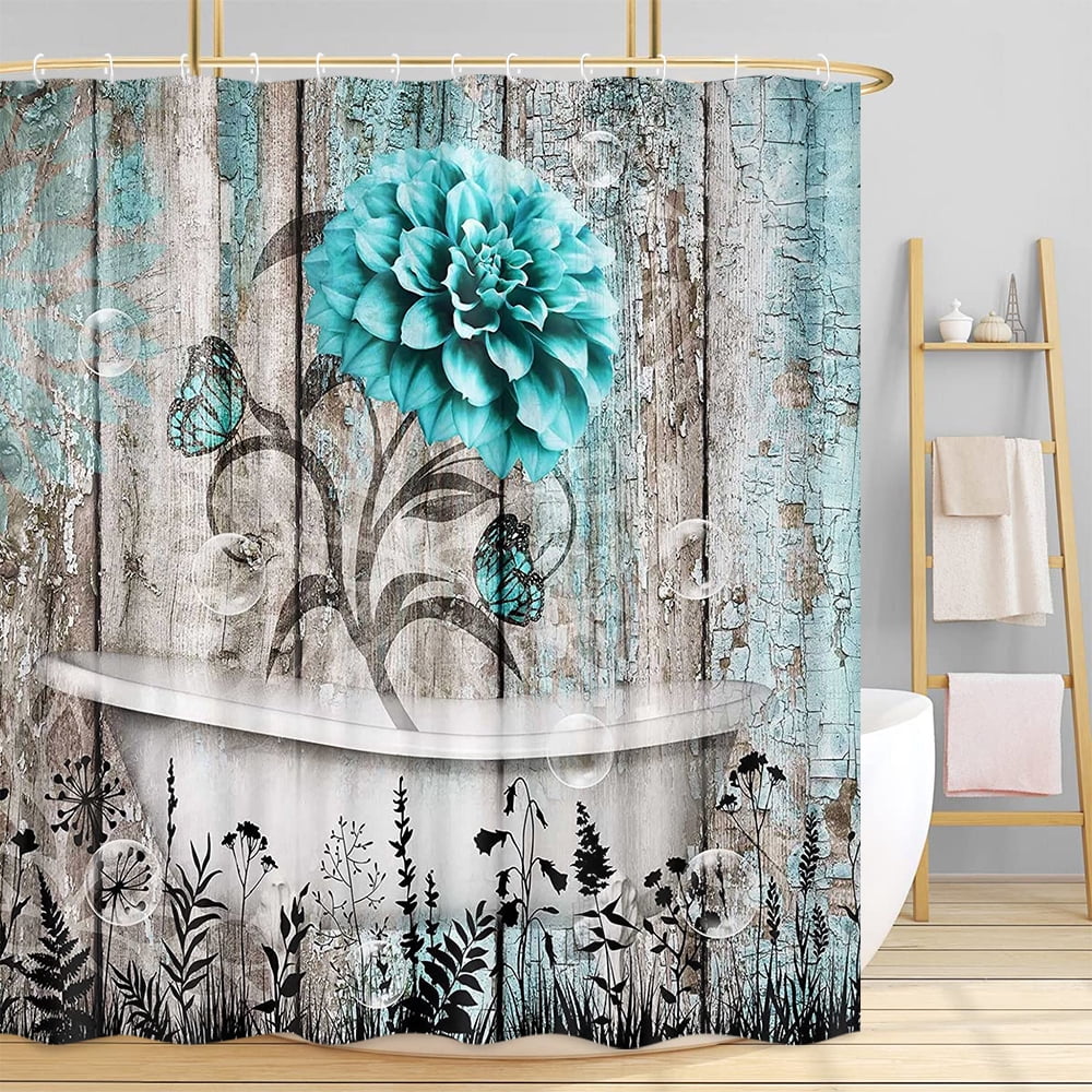 Rustic Teal Flower Shower Curtain for Bathroom, Farmhouse Dahlia Floral Butterfly on Country Old Wooden Plank Bathtubs Curtains, Retro Turquoise Blue Grey Restroom Decor Accessories with Hooks,60X70in