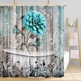 thumbnail image 3 of Rustic Teal Flower Shower Curtain for Bathroom, Farmhouse Dahlia Floral Butterfly on Country Old Wooden Plank Bathtubs Curtains, Retro Turquoise Blue Grey Restroom Decor Accessories with Hooks,72X72in, 3 of 5