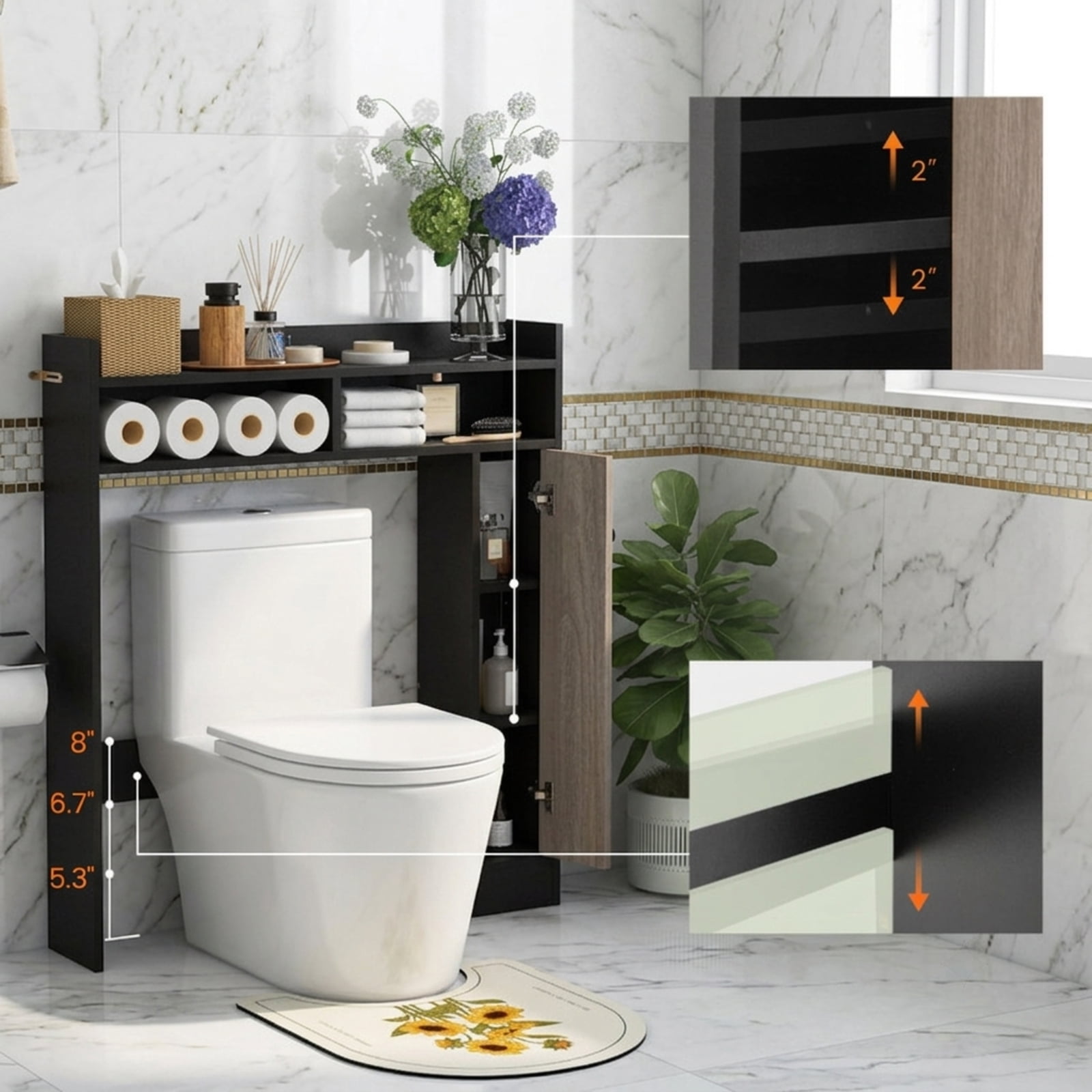 Vebreda Over the Toilet Storage Organizer with 2 Adjustable Shelves and Reinforced Bottom Bar for Bathroom Laundry Room Space Saving, Black