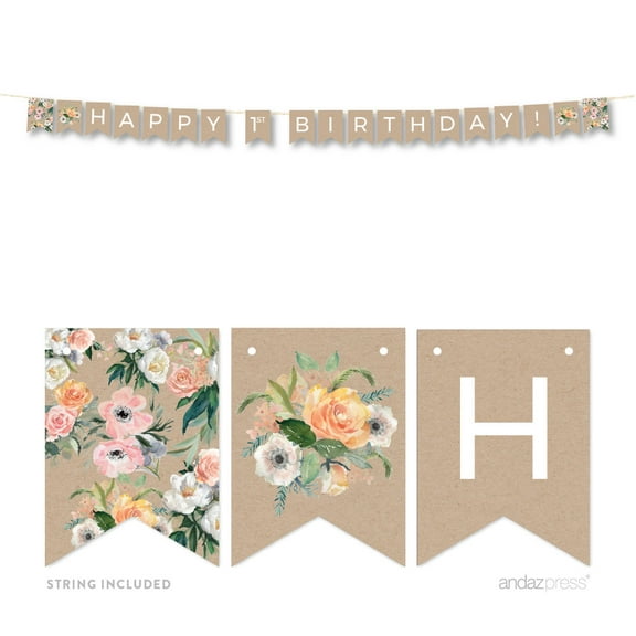 Peach Rustic Floral Garden Party, Happy 1st Birthday 5 Feet Hanging Pennant Party Banner with String