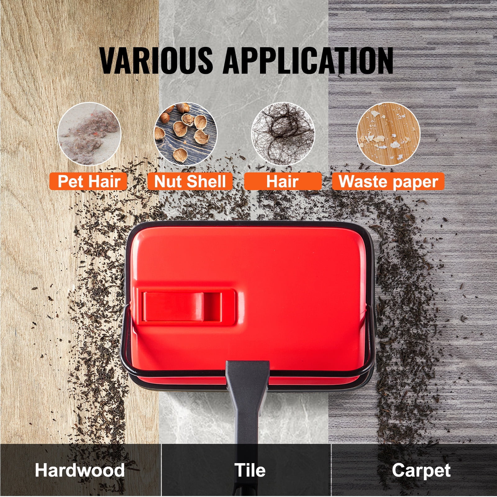Carpet Sweeper Manual, Floor Sweeper with 300 ml Dustbin Capacity Easy to Empty, 6.7 inch Cleaning Width for Home Office Carpets Pet Hair Dust Red