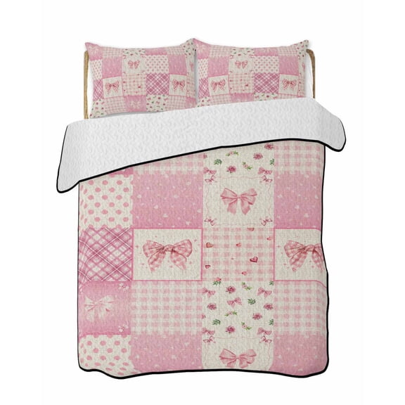 Twin Quilt Bedding Set, Valentine's Day Reversible Summer Quilt 3 Pieces, Pink Bows Vintage Plaid Romantic Roses Lightweight Bedspreads Coverlets with 2 Pillow Shams for All Seasons