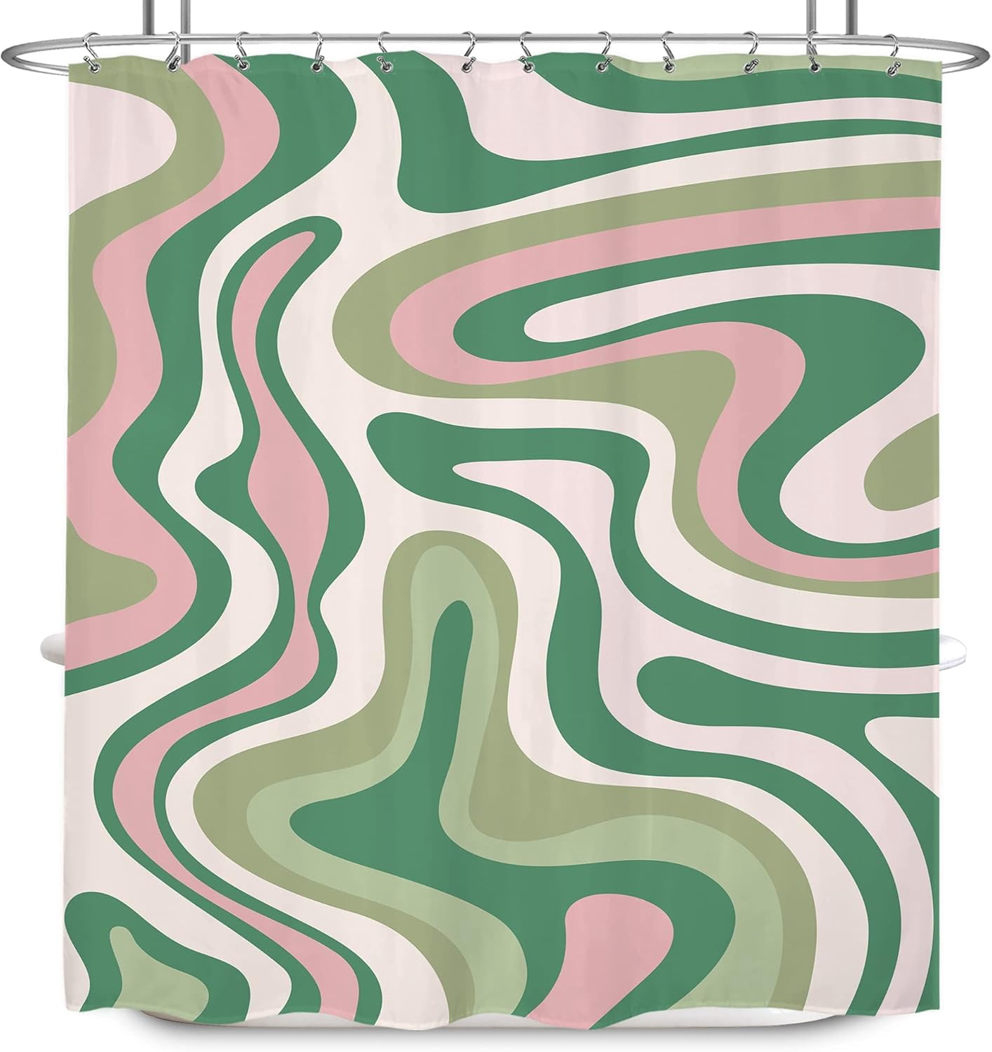 Abstract Boho Pink Green Shower Curtain 72Wx72H Inches Groovy Spiral Swirl Modern Waves Aesthetic Cute 2000s 70s Retro Cloth Fabric Waterproof Polyester Bathroom Home Decor Set with Hooks