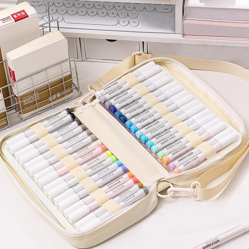 ABPETE  Marker Organizer Case for 64 paint markers, Marker Carrying Bag with Handle, Waterproof Pen Pouch Bag for Travel,Off White(Excluding Marker)