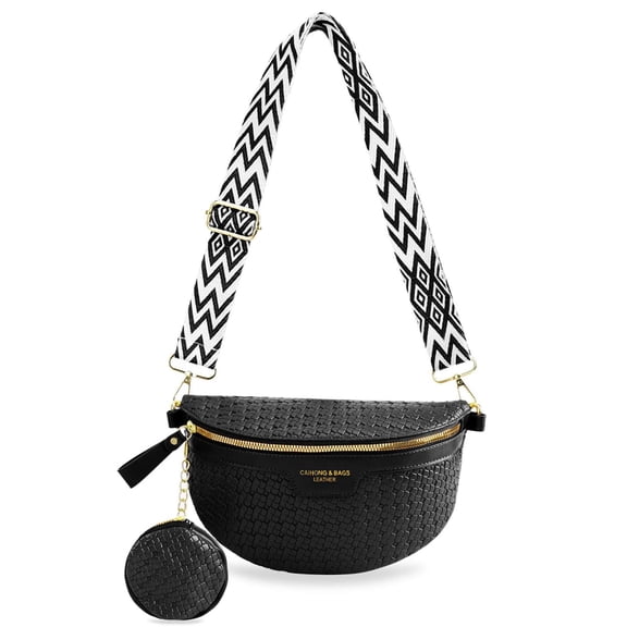 Gustave PU Leather Crossbody Bag for Women, Trendy Woven Fanny Pack Belt Bum Bag Shoulder Sling Purse with Adjustable Guitar Strap - Black