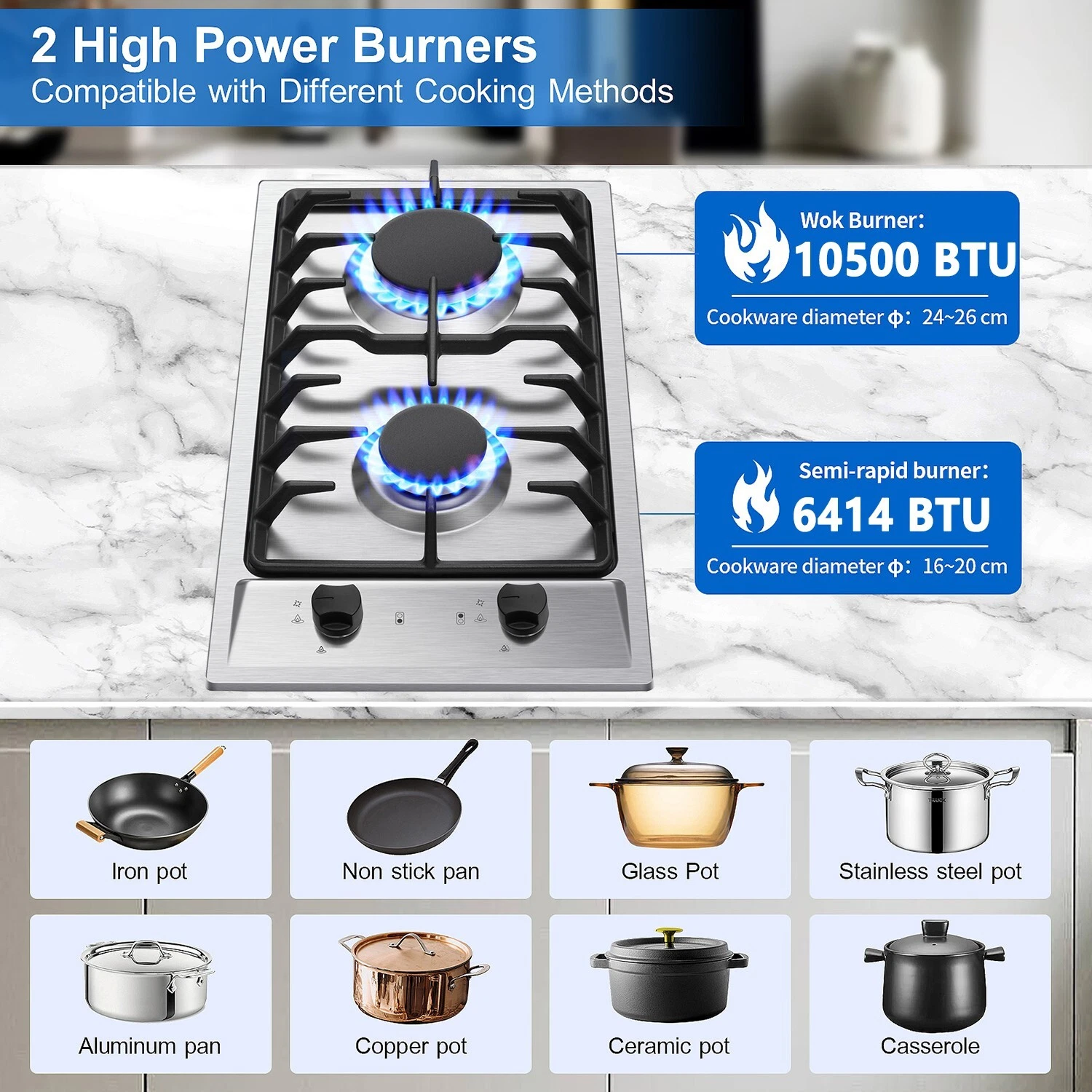 2 Burners 12 inch Gas Cooktop Stainless Steel NG/LPG Convertible Built-in Burner Cooktop