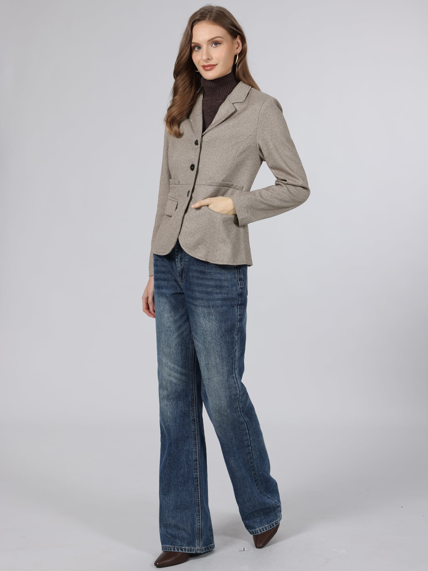 DARING DIVA Women's Herringbone Blazer Lapel Collar Suit Jacket S Khaki