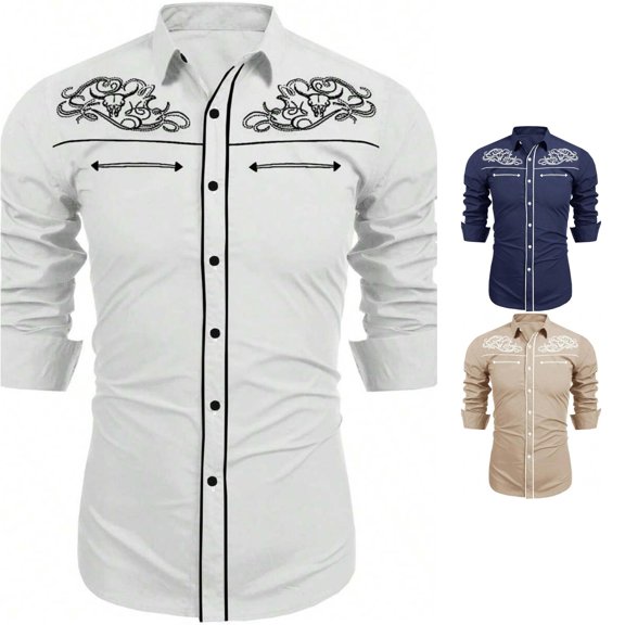 Gunia Western Cowboy Shirts For Men Long Sleeved Casual Button Down Shirt Tops Mens T-Shirts White M