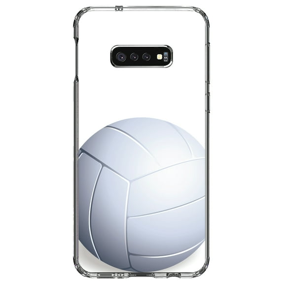 DistinctInk Clear Shockproof Hybrid Case for Samsung Galaxy S10e (5.8" Screen) - TPU Bumper, Acrylic Back, Tempered Glass Screen Protector - White Volleyball