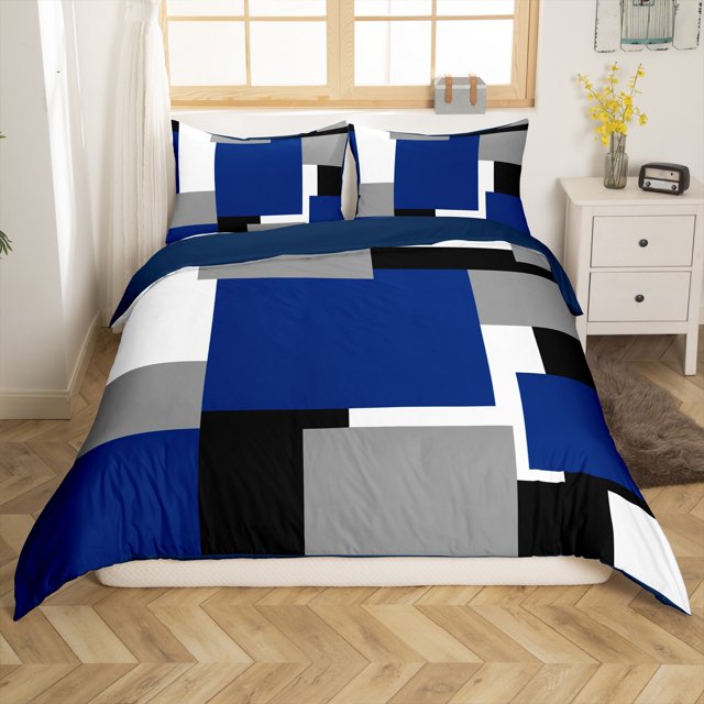 Erosebridal Housse de Couette Ombrée Abstraite Grand Lit, Literie Minimaliste Format Grand Lit, Bleu Marine, Réversible 3 Pcs