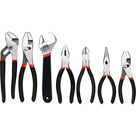 7-in-1 Utility Pliers and Adjustable Wrench Combo Kit, ANSI Standard Dipped Grip Hand Tools, Groove Joint, Slip Joint, Long Nose, Diagonal & Linesman Pliers for Home Maintenance